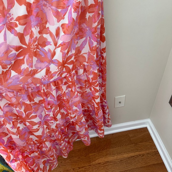 MAGGY LONDON WOMAN Floral Maxi Dress Orange Pink Lavender Tiered V-Neck 1X - Picture 4 of 7